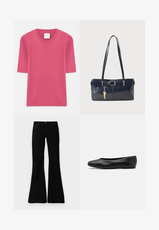 Tričko s krátkymi rukávmi a okrúhlym výstrihom v jasne ružovej bavlnenej látke. Má čisté švy a jemnú textúru. Značka je viditeľná na výstrihu.; Čierne rozšírené džínsy vyrobené z denimu, s klasickým návrhom piatich vreciek, zapínaním na gombík a jemnými stehovými detailmi pozdĺž švov.; Paul Smith TOPANGA - Balerínky - black; Námornícka kožená kabelka s dvoma dlhými uchami, detailom s prackou a pripojeným kľúčovým držiakom. Má hladkú textúru a obdĺžnikový tvar.