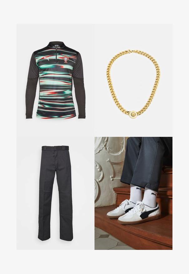 Puma langærmet træningsskjorte med grønne og røde vandrette striber på sort, en kvart lynlås krave og Portugal-badge på brystet.; Sorte bukser lavet af holdbart stof, med et lige ben-design, en talje med bæltesløjfer og sømme for ekstra struktur.; Puma sneakers i hvid og sort ruskind med en brun gummisål. Bæres med hvide sokker med et sort logo og mørke bukser.; Guldkæde med store sammenflettede led, der har en cirkulær vedhængdetalje i midten med et forhøjet emblem.