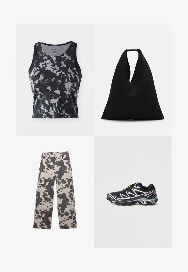 Tricou fără mâneci, negru și gri, cu un model marmorat, fabricat din material Dri-FIT, prezintă un guler rotund.; Jeans evazati de culoare bej, cu un model în dungi de vacă maro. Prezintă închidere cu un buton și un design cu cinci buzunare. Fabricate din țesătură de denim.; Pantofii de alergare negri cu accente argintii, din material GORE-TEX, talpă texturată și șireturi colorate. Au un călcâi amortizat pentru suport.; Geantă tote din material textil negru, cu un design unic în formă de V și o textură netedă. Dispune de un manșon scurt cu detalii hardware minimaliste.