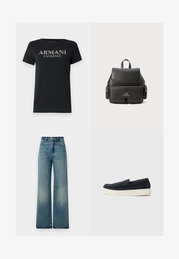 Camiseta de algodón negra con mangas cortas, cuello redondo, que presenta el logo "ARMANI EXCHANGE" en letras plateadas brillantes.; Jeans de mezclilla de tiro alto y pierna ancha de color azul claro, con cinco bolsillos y dobladillos ligeramente deshilachados, que exhiben un acabado texturizado y desgastado.; Zapatos de ante azul marino sin cordones con punta redondeada, suela de goma blanca en contraste y un detalle de costura mínima a lo largo de las costuras.; Mochila de cuero negro con cierre de solapa, bolsillo frontal, compartimentos laterales con cremallera y asa superior. Presenta un detalle de logo en la parte frontal.