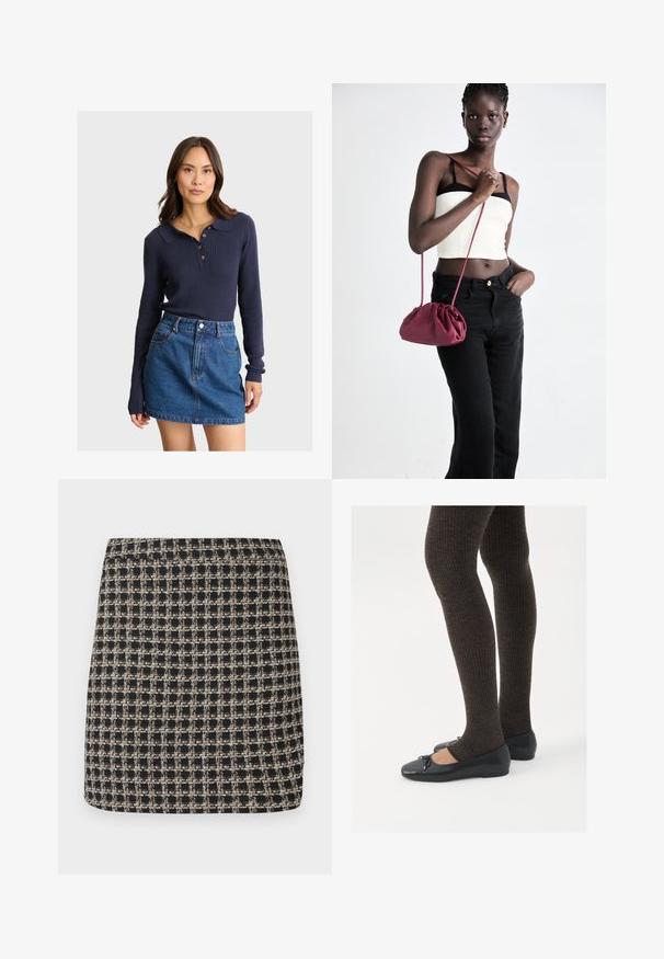 Mornarsko plavi rebrasti polo majica dugih rukava s dodacima, u kombinaciji s denim mini suknjom. Outfit se odlikuje ležernim krojem i teksturiranim materijalom.; Crna i bež karirana mini suknja s teksturiranim tkivo i glatkim pojasom, koja ima strukturirani kroj i jednostavan dizajn.; Crne ravne cipele s malim mašnom na vrhu prstiju, uparene s tamnosmešnim rebrovanim čarapama. Cipele imaju glatku teksturu i nizak profil.; Bordo mekani torbeni sakupljenog dizajna s dugom trakicom, nošenom preko tijela. Model nosi bijelu kratku majicu i crne traperice.