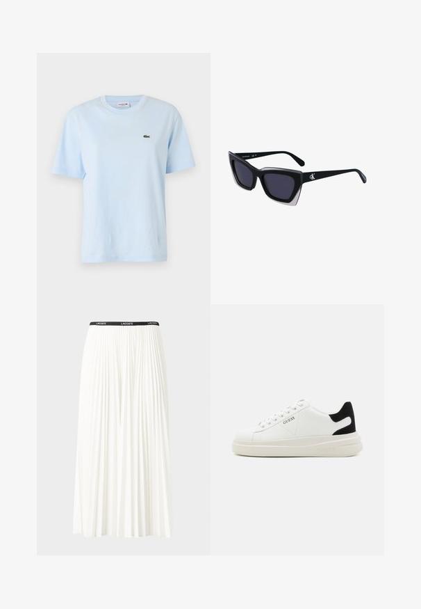Ανοιχτό μπλε βαμβακερό μπλουζάκι με κοντά μανίκια, στρογγυλή λαιμόκοψη και μικρό πράσινο κεντημένο λογότυπο κροκοδείλου στο αριστερό στήθος.; Κοντή πλισέ λευκή φούστα με μαύρη ελαστική ζώνη που φέρει το λογότυπο "LACOSTE". Σχεδίαση μεσαίου μήκους με μαλακή υφή.; Λευκά δερμάτινα αθλητικά παπούτσια με χοντρή λευκή σόλα, μαύρη σουέτ λεπτομέρεια στην φτέρνα και ανάγλυφο λογότυπο στο πλάι. Σχέδιο με κορδόνια και έξι θηλιές.; Μαύρα υπερμεγέθη γυαλιά ηλίου με γεωμετρικό σχήμα, διαθέτοντας σκούρους φακούς και αντίθεση γκρίζα λεπτομέρεια στη σκελετό. Λογότυπο στον βραχίονα.