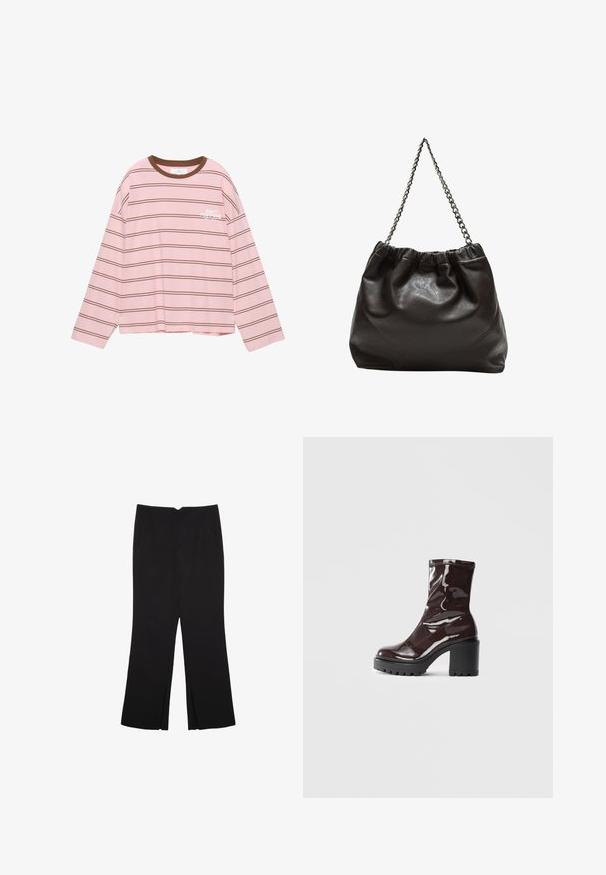 Langärmliges pinkes T-Shirt mit braunen horizontalen Streifen. Hat einen braunen Rundhalsausschnitt und weißen Text "VERSCHIEBE NICHT" auf der Brust.; Schwarze Hose mit geradem Schnitt, ausgestattet mit Fronttaschen und Seitenschlitzen am Saum. Hergestellt aus weichem, glattem Stoff. Geeignet für verschiedene Anlässe.; Glatte bordeauxrote Ankle Boots mit einem klobigen schwarzen Absatz, die eine glatte Oberfläche und ein einfaches Design aufweisen. Keine sichtbaren Verschlüsse oder Muster.; Braune Lederhandtasche mit gerafftem Oberteil und Kettenriemen. Glatte Textur mit glänzendem Finish und subtilen Nahtdetails an den Seiten.
