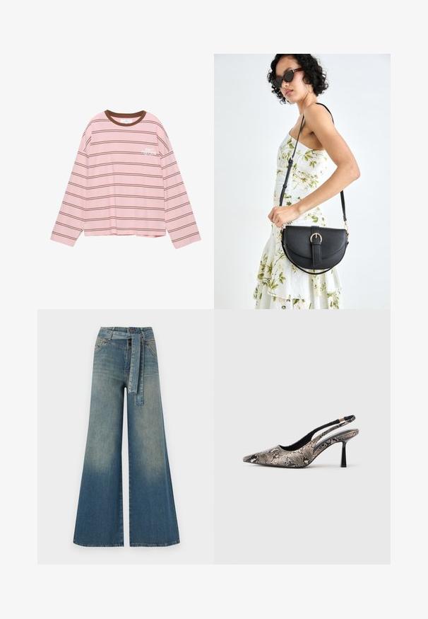 Hosszú ujjas rózsaszín póló barna vízszintes csíkokkal. Jellemzője egy barna kerek nyakkivágás és a mellkason található fehér szöveg: "NE HALASZD EL".; Bőszárú farmernadrág, világos és sötétkék árnyalatokkal, magas derekú, övgyűrűkkel és a nadrággal megegyező anyagú övvel. Textúrált farmer kivitel.; Ívelt orrú slingback cipők, amelyek texturált kígyóbőr hatású anyagból készültek, karcsú fekete sarokkal és oldalsó kivágásos dizájnnal rendelkeznek.; Fekete bőrtáska ívelt formával, levehető pánttal és arany színű fémrészekkel. A táskán egy csattal díszített fedél található.