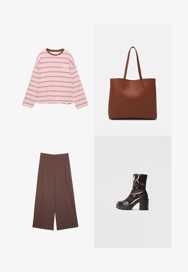 Langærmet lyserød t-shirt med brune vandrette striber. Har en brun rund halsudskæring og hvid tekst "DON'T POSTPONE" på brystet.; Brune bredbunde bukser med en glat tekstur, der har høj talje og plisseringer foran. Stoffet er let og falder løst.; Glatte burgunder ankelstøvler med en chunky sort hæl, der har en glat tekstur og et simpelt design. Ingen synlige lukninger eller mønstre.; Brun læder tote taske med en glat overflade, åben topdesign og to skulderremme. Har minimal syning og ingen synlig hardware.
