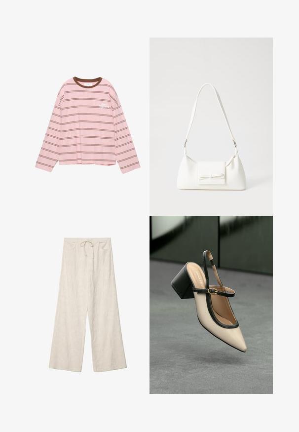 Langärmliges pinkes T-Shirt mit braunen horizontalen Streifen. Hat einen braunen Rundhalsausschnitt und weißen Text "VERSCHIEBE NICHT" auf der Brust.; Weite Hosen aus einem hellen Cremestoff, mit einem strukturierten Blumenmuster, elastischem Bund und frontalen Taschen.; Beige Slingback-Schuh mit spitzer Zehenpartie, schwarzer Umrandung, goldener Schnalle und dicker Blockabsatz auf grauem Boden vor dunklem grünen Hintergrund.; Weiße synthetische Handtasche in dreieckiger Form, flache Vorderklappe und Schleifendetail, verstellbarer Trageriemen, glatte Textur und minimalistisches Design.