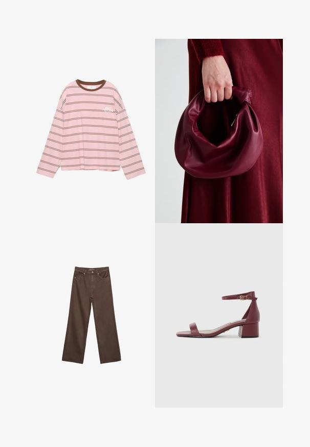 Langærmet lyserød t-shirt med brune vandrette striber. Har en brun rund halsudskæring og hvid tekst "DON'T POSTPONE" på brystet.; Bredde ben brun denim jeans med høj talje, forlommer og klassisk knaplukning. Glat tekstur med diskret syninger.; Bordeaux lædersandal med firkantet tå, tynd ankelrem, gyldent hardware og en kraftig blokhæl. Glat tekstur og minimalistisk design.; Bordeaux læderhåndtaske med et blødt, samlet design og en rund form. Håndtaget er sikret og viser en glat tekstur.