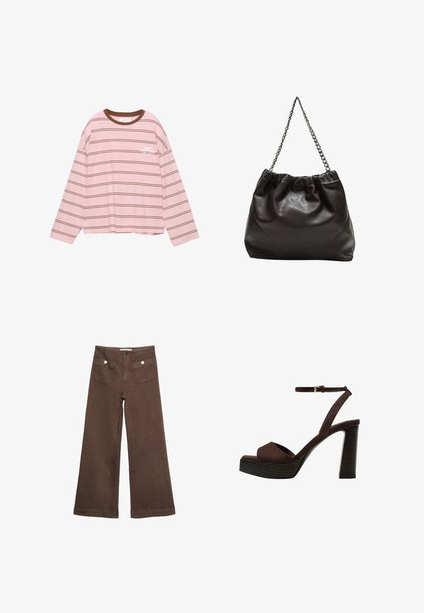 Maglietta a maniche lunghe rosa con strisce orizzontali marroni. Presenta un colletto a girocollo marrone e testo bianco "NON RIMANDARE" sul petto.; Pantaloni larghi marroni in cotone, con due tasche frontali decorate da bottoni argentati e una texture liscia.; Sandal in camoscio marrone con tacco alto, punta aperta, cinturino alla caviglia regolabile e suola a piattaforma striata.; Borsa in pelle marrone con parte superiore arricciata e tracolla a catena. Texture liscia con finitura lucida e dettagli di cucitura sottili sui lati.
