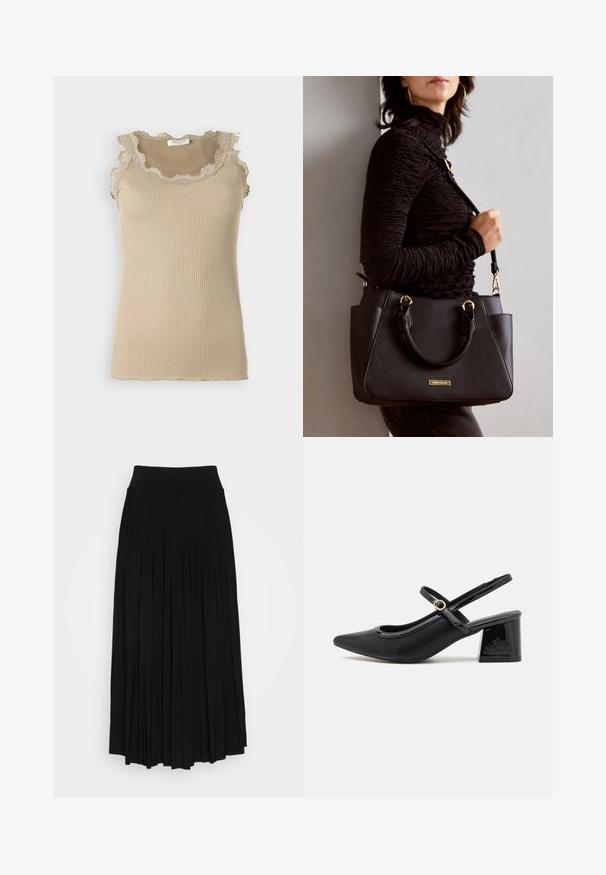 Top in maglina rigata beige con scollatura e bordo in pizzo ricamato. Caratterizzato da design senza maniche e forma aderente. Realizzato in tessuto morbido.; Gonna nera plissettata con vita alta e elastica. Realizzata in tessuto morbido, presenta plissettature verticali per una silhouette fluida.; Décolleté in vernice nera con cinturino dietro, punta affusolata, design con ritagli arrotondati e tacco a blocco. Presenta un accento di fibbia tono oro.; Borsa nera con superficie texturizzata, manici superiori doppi e tracolla regolabile. Dotata di hardware color oro e tasche laterali.