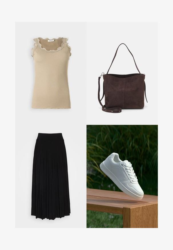 Beige ribbed tank top with a scalloped lace neckline and trim. Features sleeveless design and fitted shape. Made from soft fabric.; Black pleated skirt with a high, stretchy waistband. Made from soft fabric, featuring vertical pleats for a flowing silhouette.; White sneaker with a smooth synthetic upper, perforated toe box, flat laces, and a textured sole, displayed on a wooden surface.; Brown suede tote bag with a soft texture, featuring a single shoulder strap and a subtle curved top opening. No visible hardware details.