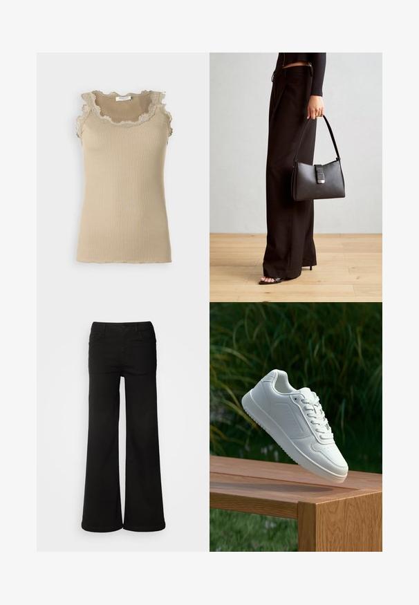 Smėlinė banguota atviro pečių maikutė su iškirptės ir apvado nėriniais. Turi be rankovių dizainą ir prigludusią formą. Pagaminta iš minkštos medžiagos.; Juodi plačiakojai kelnės, pagamintos iš džinsinio audinio, su priekinėmis kišenėmis, mygtuko uždarymu ir lygiu paviršiumi, turinčiu tvarkingą apdailą.; Balti sneakeriai su lygia sintetine viršutine dalimi, perforuota pirštų zona, plokščiomis raištelėmis ir tekstūruotu padu, padėti ant medinės paviršiaus.; Juodas rankinė struktūrizuota forma, lygi tekstūra ir metalinis užsegimas. Suporuota su plačiomis juodomis kelnėmis ir atvirais bateliais ant medinių grindų.