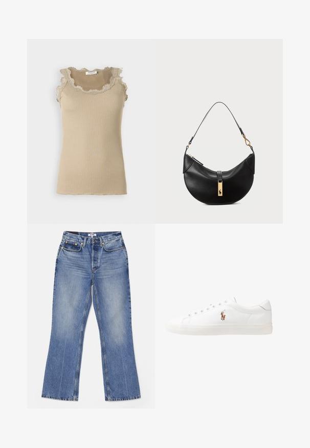 Béžový rebrovaný top bez rukávov s volánkovým čipkovým výstrihom a lemovaním. Má priliehavý strih a je vyrobený z mäkkého materiálu.; RE/DONE LOOSE - Džínsy bootcut - hacienda; Biele kožené tenisky s nízkym strihom, s hladkou textúrou, okrúlym špičkou, šnurovaním vpredu a malým vyšitým logom na boku.; Čierna kožená kabelka v tvare polmesiaca. Obsahuje zlaté kovové doplnky a úzku rúčku. Hladká textúra, zips na vrchu.