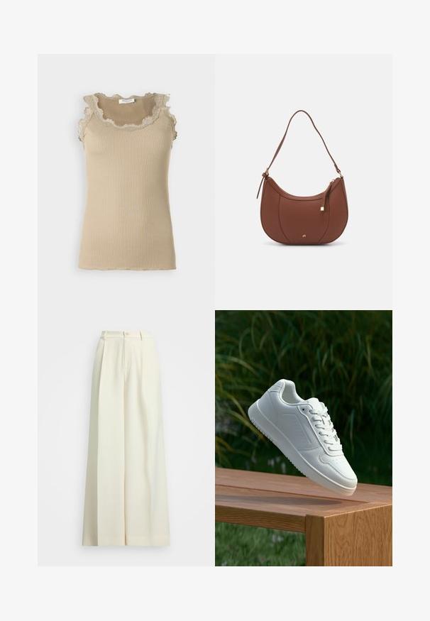 Top de tip tank beige cu dantelă cu margini ondulate la gât și la trim. Prezintă un design fără mâneci și o formă ajustată. Fabricat dintr-un material moale.; Pantaloni evazați din țesătură albă, cu talie înaltă, pliseuri duble și închidere cu nasture. Textură netedă și design croit.; Sneaker alb cu un upper sintetic neted, cu vârf perforat, șireturi plate și o talpă texturată, expus pe o suprafață de lemn.; Geantă de umăr din piele ecologică maro, cu o formă curbată, cusături minime și un accent din metal auriu. Are un închidere cu fermoar în partea de sus și o curea ajustabilă.