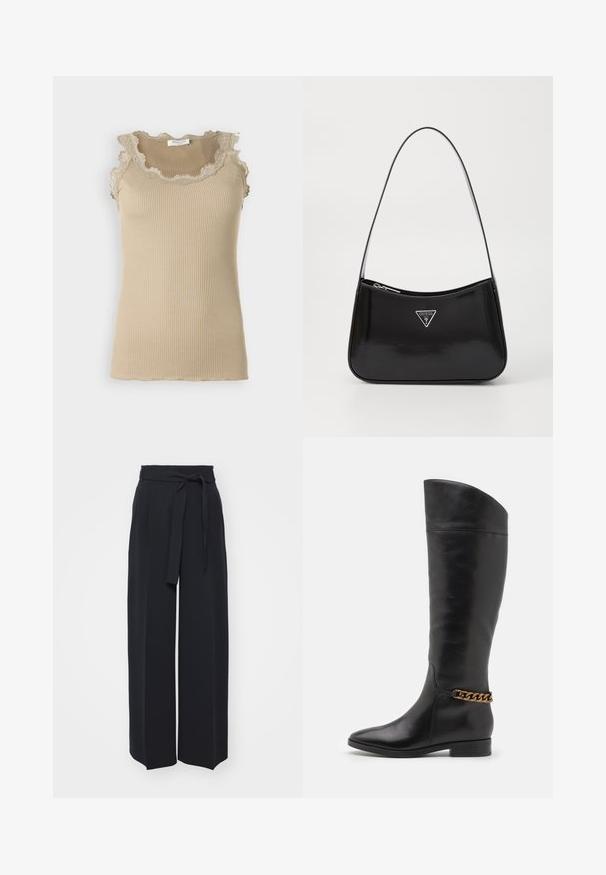 Top in maglina rigata beige con scollatura e bordo in pizzo ricamato. Caratterizzato da design senza maniche e forma aderente. Realizzato in tessuto morbido.; Pantaloni neri a gamba larga realizzati in tessuto morbido. Caratterizzati da una vita con cintura e pieghe frontali. Texture liscia con un design pulito e contemporaneo.; Alti stivali in pelle nera dal design elegante, punta affusolata e dettagli in catena dorata alla caviglia. Tacco a blocco basso. Texture liscia.; Borsa a spalla in pelle verniciata nera con forma curva, dotata di logo triangolare in argento e chiusura con zip. Texture liscia e tracolla sottile.