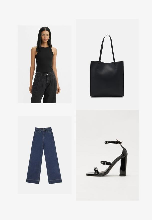 Czarny prążkowany top na ramiączkach z wysokim dekoltem, z wąskimi ramiączkami. Modelka łączy go z spodniami jeansowymi o wysokim stanie w ciemnym kolorze.; Jeans o szerokich nogawkach w ciemnoniebieskim dżinsie. Posiada pięć kieszeni, szlufki na pasek oraz surowy dół z widocznymi detalami szwów.; Czarne lakierowane sandały na obcasie z kwadratowym noskiem, z paskami wokół kostki i srebrnymi klamrami. Posiadają masywny słupek dla stabilności.; Czarna skórzana torba tote o gładkiej fakturze, prostokątnym kształcie i dwóch długich uchwytach. Brak widocznych elementów metalowych i ozdób.