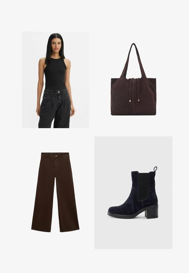 Top aderente nero a costine con scollatura alta, caratterizzato da spalline sottili. Il modello lo abbina a pantaloni in denim scuro a vita alta.; Pantaloni larghi marroni in misto cotone, caratterizzati da orlo sfrangiato, chiusura frontale con bottone e classico design a cinque tasche. Minimalisti e versatili.; Stivaletti alla caviglia in camoscio blu navy con pannello elastico laterale, punta tonda e tacco a blocco. Il tessuto testurizzato e la suola liscia aggiungono contrasto.; Mango Shopping bag - dark brown