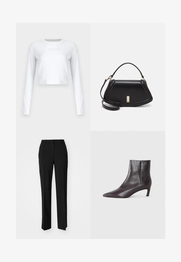Valkoinen pitkähihaisesti cropped toppi, joka on valmistettu sileästä kankaasta. Edessä on huomaamaton "HUGO"-logo vaaleanharmaana.; Mustat räätälöidyt housut suoraa lahjetta, joissa on sileä pinta ja terävät taitteet edessä. Ei näkyvää metalliosaa.; Mustat nahkakengät nilkkurit, joissa on terävä kärki ja matala kitten-kanta, sileä pinta, sivuvetoketju, esitetty neutraalilla taustalla.; Mustalla nahkalaukulla, jossa on jämäkkä muotoilu, lyhyt malli, yläkahva ja kultaiset yksityiskohdat. Säädettävä olkahihna sisältyy.