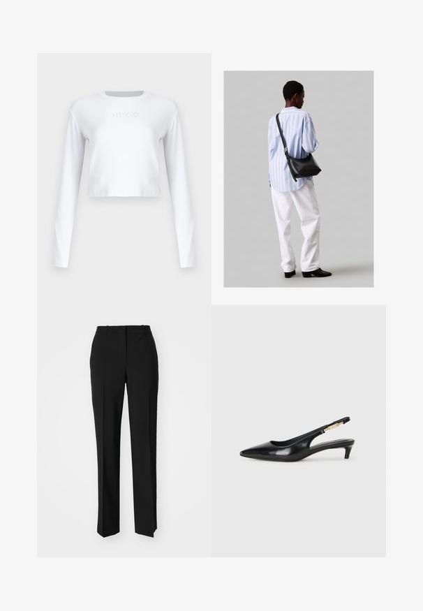 Valge pikkade varrukatega lühike topp, mis on valmistatud siledast kangast ja mille esiküljel on kerge hall "HUGO" logo.; Mustad ja sirged püksid, millel on sile tekstuur ja teravad voldid esiosas. Ilma nähtavate detailideta.; Mustad nahast slingback kontsad terava ninaga, millel on õhuke konts ja kuldse tooni aktsent reguleeritaval rihmal. Sile tekstuur.; Must have mustras alasi nahkpatsi, pehme tekstuuriga, kolmnurkse kujuga ja reguleeritava rihmaga, koos helesinise triibulise särgi ja valgete pükstega.
