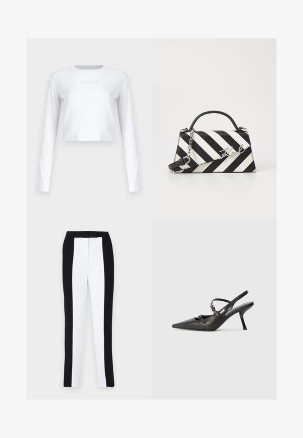Weißes langärmeliges Cropped-Top aus glattem Stoff, mit einem dezenten "HUGO"-Logo in Hellgrau auf der Vorderseite.; Schwarz-weiße tapered Hosen mit schlankem Schnitt und kontrastierenden Paneelen. Der Stoff hat eine glatte Textur; der Bund ist flach und enganliegend.; Schwarzlederne Slingback-Absätze mit spitzer Zehenform, schlankem Absatz und dekorativem Schnallendetail auf dem Blatt. Glatte Textur und elegantes Design.; Schwarz-weiße gestreifte Handtasche mit strukturierter Form, ausgestattet mit einem oberen Griff, einem abnehmbaren Kettenriemen und einem metallischen Logo-Detail.