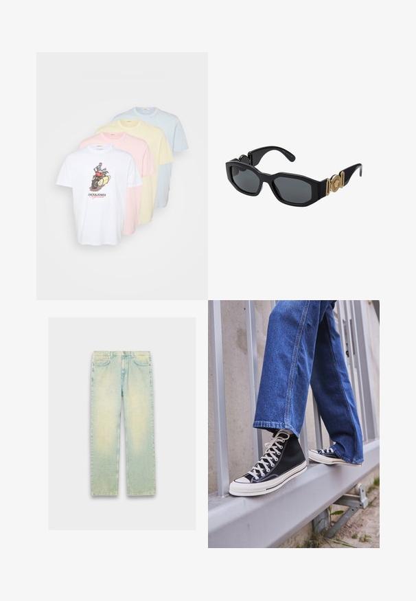 Pakke med fire bomulds t-shirts i hvid, pink, gul og lyseblå. Har et grafisk print på den hvide t-shirt. Klassisk rund hals design.; Lyseblå denimjeans med løs pasform, fem lommer, lynlås og en slidt finish langs lår og knæ.; Sorte høj-top sneakers med hvid sål og snørebånd, parret med løse blå denimjeans, hvilende på et gråt gelænder.; Sorte solbriller med en kraftig geometrisk ramme, mørke linser og guldmetal detaljer på stængerne med et rundt emblem.