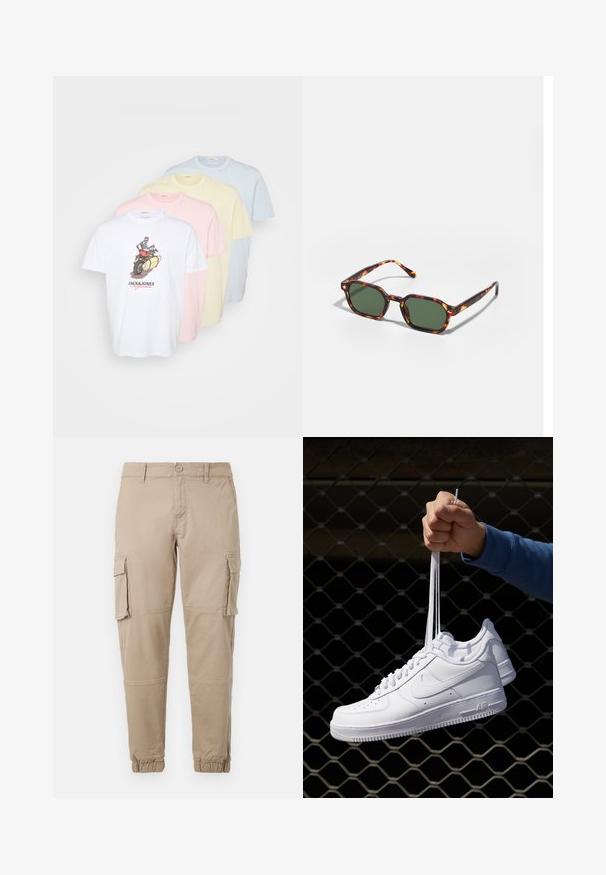 Pakke med fire bomulds t-shirts i hvid, pink, gul og lyseblå. Har et grafisk print på den hvide t-shirt. Klassisk rund hals design.; Beige cargo bukser i et letvægts bomuldsstof. Har elastiske manchetter, flere sidelommer og en knaplukning.; Hvide lædersneakers med perforeringer, rund tå, flad sål og tykke snørebånd, med et synligt swoosh-logo og "AIR" på hælen.; Skildpaddefarvede solbriller med grønne linser, der har en oktagonal form og slanke, buede arme. Materialet har en blank finish.