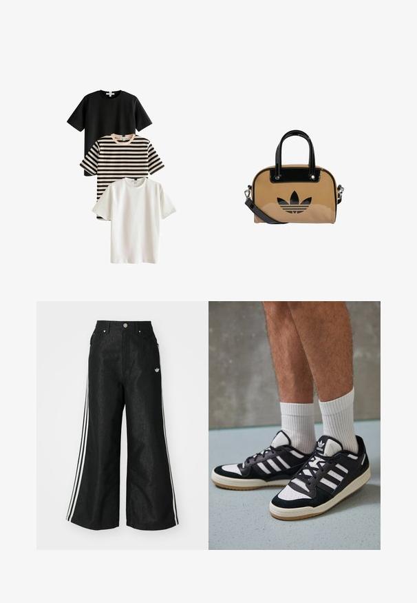 Drie T-shirts: een zwarte, een witte en een gestreepte in zwart en beige. Alle hebben korte mouwen en een ronde hals, gemaakt van gladde stof.; Zwarte denim broek met wijde pijpen, voorzien van drie witte strepen aan elke zijkant en een klein wit logo. Heeft voorzakken en een knoopsluiting.; Zwart-witte sneakers met een bovenwerk van suede en leer, voorzien van drie witte strepen, een geperforeerde neus en een rubberen gumzool.; Tan handtas met zwarte gepatineerde lederen accenten, afgeronde vorm, dubbele handgrepen en een reliëf zwart logo aan de voorkant.