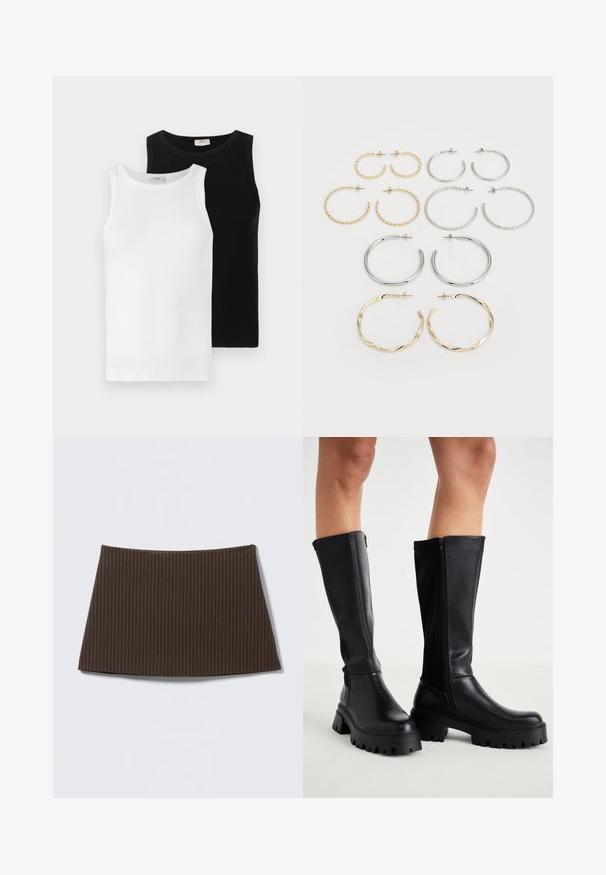 Two ribbed sleeveless tops, one white and one black, featuring round necklines and a smooth texture, presented side by side.; Brown pinstriped skirt with a fitted design, smooth texture, and a flared hem, ideal for a tailored look.; Black knee-high boots made of smooth faux leather with a chunky sole, side zip closure, and a rounded toe design.; Set of twelve hoop earrings in silver and gold tones. Includes twisted, smooth, and textured designs with various sizes and finishes.