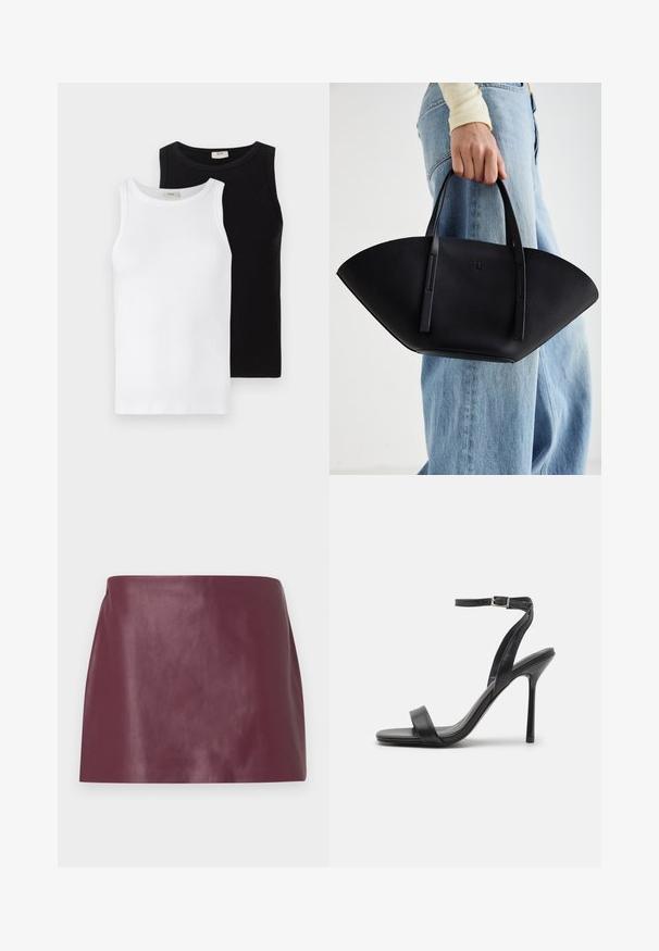 Duas t-shirts sem mangas de nervuras, uma branca e outra preta, com decotes redondos e uma textura suave, apresentadas lado a lado.; Mini saia em couro borgonha liso com corte reto e sem embelezamentos ou fechos visíveis.; Sandal de salto alto preto com uma tira fina no tornozelo e duas faixas frontais. Feita de couro liso com um bico afilado e salto agulha.; Bolsa de mão em couro preto com uma forma única em leque, apresentando alças planas. A superfície tem uma textura pebble e um design minimalista.