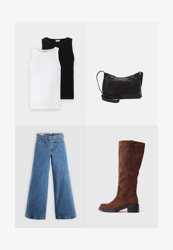 Two ribbed sleeveless tops, one white and one black, featuring round necklines and a smooth texture, presented side by side.; Blue high-waist wide-leg jeans with front patch pockets, belt loops, button closure, and zip fly on a plain background.; Brown suede knee-high boot with a rounded toe, block heel, and side stitching detail. Smooth texture and sturdy construction.; Black leather shoulder bag with a smooth texture, curved shape, adjustable strap, and a zip closure. Minimalist design without embellishments.