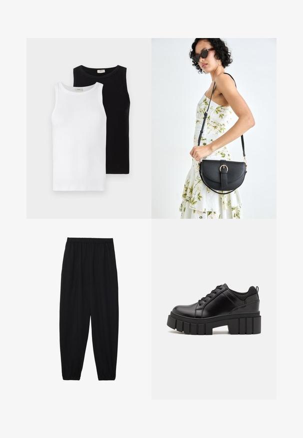 Duas t-shirts sem mangas de nervuras, uma branca e outra preta, com decotes redondos e uma textura suave, apresentadas lado a lado.; Calças pretas, leves, com um cinto elástico e punhos franzidos. O tecido é suave e apresenta um design relaxado e afunilado.; Sapatos de plataforma em couro preto com um salto bloco robusto, bico redondo e design clássico de atacadores. Apresentam uma textura suave e detalhes mínimos.; Bolsa de couro preta com forma curva, alça destacável e detalhes em dourado. A bolsa possui uma aba com detalhe de fivela.