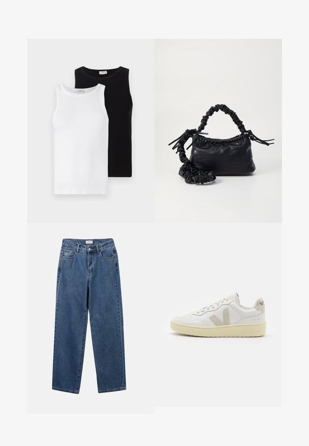 Kaks ribakujulist ilma varrukat särk, üks valge ja teine must, ringikujuliste kaelustega ja sileda pinnaga, esitatud kõrvuti.; Klassikalised sinised denimists teksad otsejalaga disainiga, viie taskuga ja nööbisuletusega. Omab keskmist pesu ja tugevat tekstuuri.; Valge nahast tenniseking, millel on beežist siidist aktsent ja aukudega varvas, lame paelad ja tekstureeritud koorevärvi tallad. Omab nüansirikast brändimist kannal.; Must must sünteetilisest nahast käekott, millel on krokodillimuster, kokku tõmmatav ülaosa ja kortsus rihm. Tundub pehme ja kompaktne disain.