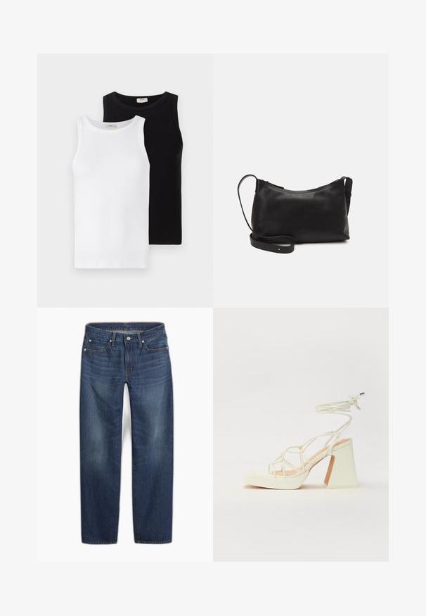 Duas t-shirts sem mangas de nervuras, uma branca e outra preta, com decotes redondos e uma textura suave, apresentadas lado a lado.; Calças de ganga azul escuro com corte de perna direita. Apresentam fecho de botão, cinco bolsos e um desvanecimento subtil no tecido.; Sandálias brancas de salto alto com um salto robusto, apresentando um design com tiras e amarração no tornozelo. Textura suave com uma plataforma na frente para altura adicional.; Bolsa de ombro em pele preta com textura suave, forma curva, alça ajustável e fecho com zip. Design minimalista sem adornos.