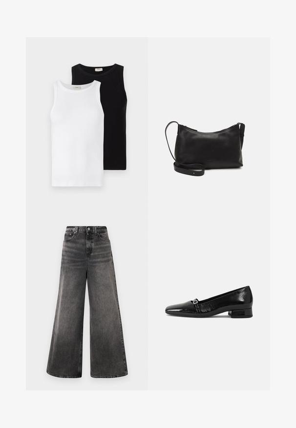 Dve rebrové tielka bez rukávov, jedno biele a jedno čierne, s okrúhlym výstrihom a hladkou textúrou, umiestnené vedľa seba.; Džínsy s širokými nohavicami z čierneho denimu s vyblednutým umývaním, dizajnom so piatimi vreckami a gombíkovým zapínaním na páse, s prešitými detailmi.; Čierne lakované baleríny s špicatou špičkou, nízkym štvorcovým podpätkom a malým kovovým sponou na remienku. Hladká textura.; Čierna kožená ramenná taška s hladkou textúrou, zakriveným tvarom, nastaviteľným popruhom a zipsom. Minimalistický dizajn bez ozdôb.
