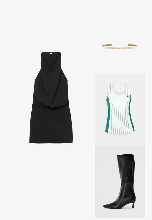 Vit linne med gröna sidopaneler och vertikala gröna ränder. Tillverkad av ett mjukt tyg, med en liten logotyp vid bröstet. Rund halsringning.; Svart ärmlös klänning med hög hals, med en rynkad midja och en nyckelhålsdetalj på ryggen. Ledigt tyg med en enkel design.; Svart läderknästövel med spetsig tå och en måttlig häl. Mjuk textur och stilren design med diskreta sömdetaljer.; Svart handväska i konstläder med en böjd form, accentuerad av runda metallnitar längs kanten, med dragkedjestängning och en lång rem.; Armband i guldfärgad metall med en slät, polerad yta och ingraverad "DANIEL WELLINGTON"-detalj längs bandet.