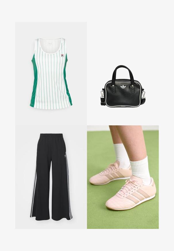 Vit linne med gröna sidopaneler och vertikala gröna ränder. Tillverkad av ett mjukt tyg, med en liten logotyp vid bröstet. Rund halsringning.; Svarta vida sweatpants med elastisk midje, med vita sidosträck och en broderad logotyp på vänster lår.; Ljusrosa sportskor med diagonala sömmar, vita sulor och tre sidostrikar. Bärs tillsammans med ribbade vita strumpor på grön yta.; Svart läderhandväska med två korta handtag, silverfärgade detaljer, vita accenter och en vit logotyp. Har en texturerad yta och en kompakt design.