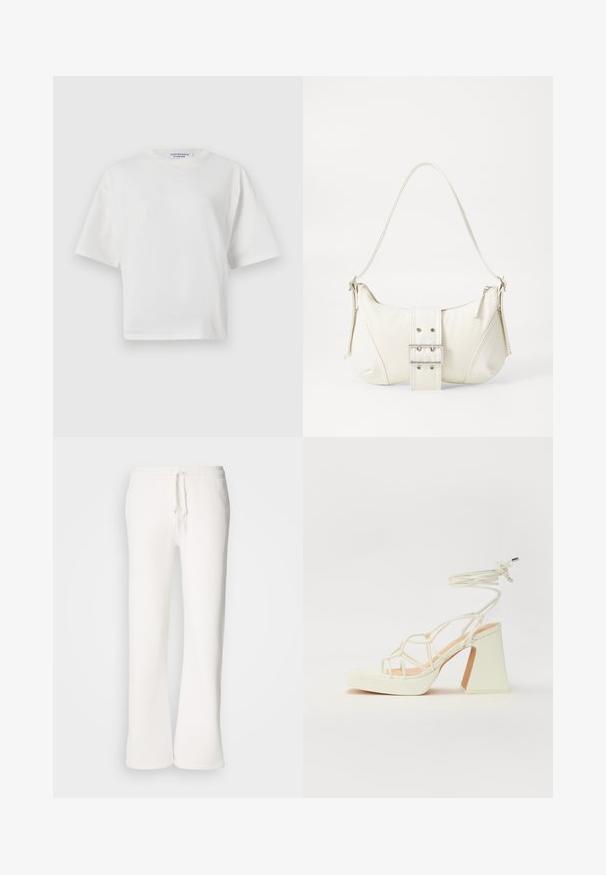 Balta trumpa marškinėlių su apvaliu iškirpimu, trumpomis rankovėmis ir lygiu medvilnės audiniu. Yra atspausdintas prekių ženklo etikėtė ant kaklo.; Baltos, laisvo kirpimo sportinės kelnės, pagamintos iš minkštos medžiagos, su elastinga juosmens dalimi ir raišteliu, tiesių kojų kirpimu.; Balti aukštakulniai sandalai su masyviu kulnu, su dirželių dizainu ir kulkšnies raiščiu. Lygi tekstūra su platforma priekyje, suteikianti papildomą aukštį.; Balta peties rankinė su tekstūruotu paviršiumi, centrinė apykaklė ir išlinkusi forma. Užtrauktukų uždarymai abiejose pusėse.