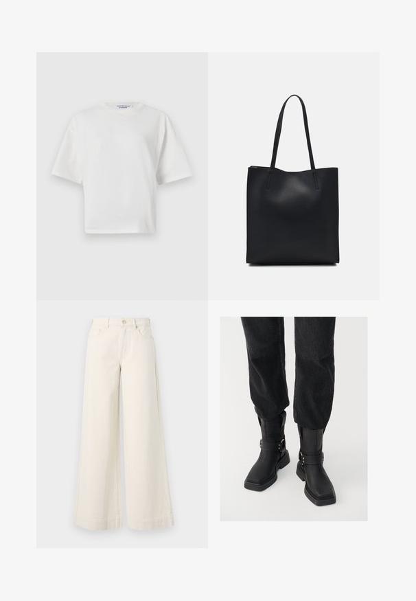 Hvid cropped t-shirt med rund halsudskæring, korte ærmer og en glat bomuldsstruktur. Har et trykt mærke ved halsen.; Bredde ben, lyse beige denimbukser med høj talje, to frontlommer, knaplukning og diskret syning.; Sorte læder ankelstøvler med firkantet tå, der har en bred rem og metallisk spænde detalje. Støvlerne har en chunky sål og en glat overflade.; Sort læder tote taske med glat tekstur, rektangulær form og to lange hanke. Ingen synlig hardware eller udsmykninger.