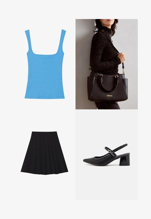 Blue ribbed tank top with wide square neckline, sleeveless design, and a fitted silhouette. Smooth texture with neatly sewn edges.; Black pleated skirt made of textured fabric with a fitted waistband. Falls to knee length, featuring a smooth, clean silhouette.; Black patent leather slingback heels with a pointed toe, a rounded cutout design, and a block heel. Features a gold-tone buckle accent.; Black handbag with textured surface, dual top handles, and adjustable shoulder strap. Features gold-tone hardware and side pockets.