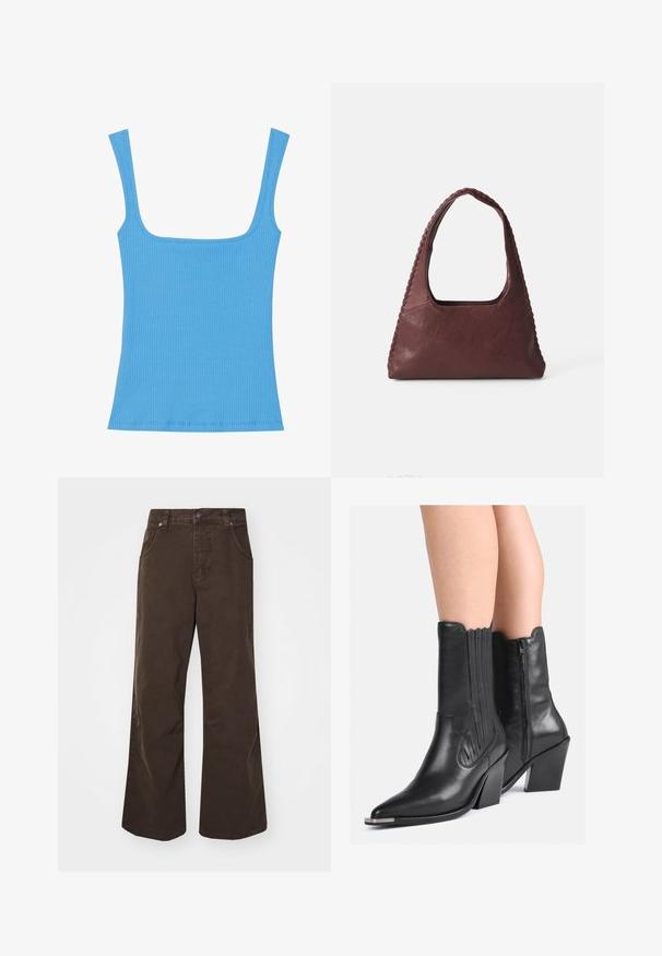 Modrý pruhovaný top s širokým čtvercovým výstřihem, bez rukávů a s přiléhavým střihem. Hladká textura s pečlivě šitými okraji.; Hnědé široké kalhoty z bavlny, s vysokým pasem, předními kapsami a hladkou texturou. Dokončení zahrnuje jemné detaily šití.; Černé kožené kozačky do půli lýtek s špičatou špičkou, vrstvenými podpatky, bočním zipem a dekorativním prošíváním nošené na holých nohách.; Burgundská kožená kabelka trojúhelníkového tvaru, s otevřeným topem a tkaným detailem podél rukojeti. Hladký povrch s matným finišem.; Stříbrné kruhové náušnice s hladkým, leštěným povrchem. Kulatý tvar s mírně zakřiveným designem a spojenými okraji. Uzávěr na kolík.