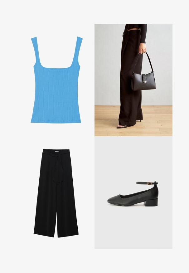 Blå ribbet top med bred firkantet udskæring, ærmeløs design og tætsiddende silhuet. Glat tekstur med pænt syede kanter.; Sorte vide bukser i en tekstureret stofkvalitet, med elastisk talje og et aftageligt bånd i taljen for justerbar pasform.; Sorte læderpumper med spids tå og en lav blokhæl. Har en ankelrem med en guldfarvet spænde. Glat tekstur.; Sort håndtaske med struktureret form, glat overflade og metalspænde. Sammen med brede sorte bukser og sandaler med åben tå på trægulv.