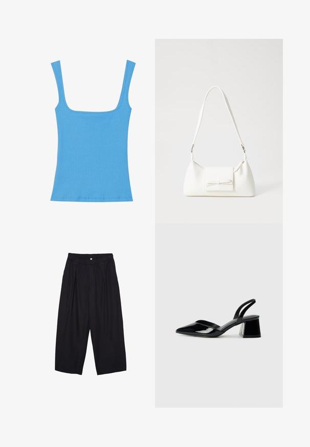Top in maglia blu a coste con ampia scollatura quadrata, design senza maniche e silhouette aderente. Tessuto liscio con bordi cuciti in modo ordinato.; Pantaloni culotte neri in poliestere con una cintura elastica, due pieghe frontali e una silhouette ampia. Nessun motivo visibile o dettagli in metallo.; Décolleté in vernice nera con punta affusolata e tacco in geometria cubica. Presentano un design elegante e minimalista, con una texture liscia.; Borsa sintetica bianca a forma triangolare, con patta anteriore piatta e dettaglio a fiocco, tracolla regolabile, texture liscia e design minimalista.