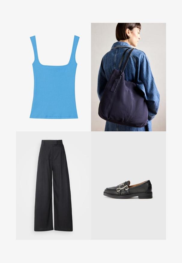 Blaue, gerippte Tanktop mit weitem quadratischen Ausschnitt, ärmellosem Design und taillierter Silhouette. Glatte Textur mit sauber genähten Kanten.; Dunkle, weit geschnittene Hosen mit strukturiertem Bund und Falten. Aus leichtem Stoff gefertigt, mit glatter Textur und ohne sichtbare Muster.; Schwarze Lederloafer mit zwei silbernen Schnallen, ausgestattet mit einer strukturierten Oberseite und einer flachen Gummisohle, die für Komfort und lässigen Tragekomfort gestaltet sind.; Marinefarbene Leinenschultertasche mit weicher, strukturierter Form, ausgestattet mit einem schwarzen Riemen, genähten Details und einem kleinen Markenschild.