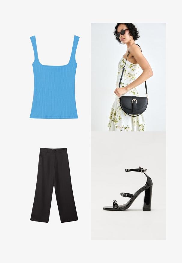 Sininen ribattu toppi, jossa on leveä neliön muotoinen kaula-aukko, hihaton design ja tiukka siluetti. Sileä pinta ja siististi ommeltuja reunoja.; Mustat leveälahkeiset housut, jotka on valmistettu sileästä kankaasta. Niissä on edessä vetoketju ja kaksi sivutaskua, ja niiden muotoilu on räätälöity ja minimalistinen.; Musta kiiltävä korkokenkä sandaalit neliönmuotoisella varpaalla, nilkkaremmillä ja hopeisilla soljilla. Varustettu tukevalla lohkokorkealla vakauden takaamiseksi.; Musta nahkainen käsilaukku, joka on kaareva muotoilultaan, irrotettavalla hihnalla ja kultaisilla yksityiskohdilla. Laukussa on läppä, jossa on solk yksityiskohta.