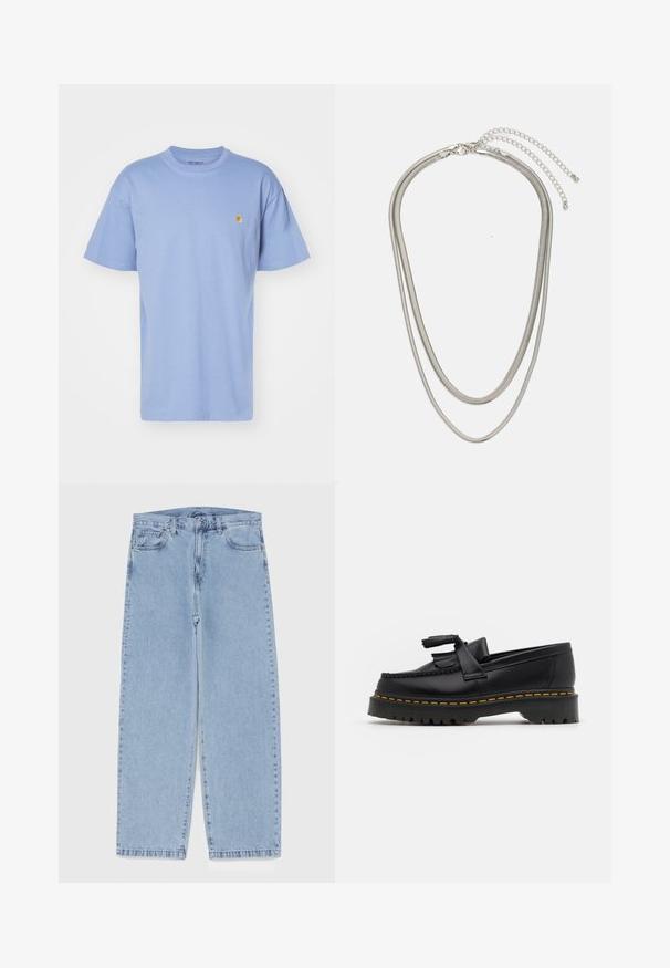 Gaiši zils kokvilnas T-krekls ar apaļu kaklu un īsām piedurknēm. Uz kreisās krūts ir neliels dzeltenais logo. Mīksta tekstūra, regulāra piegriezuma.; Gai zila džinsu bikses ar taisnu kāju dizainu, kas piedāvā vidēju vidukļa augstumu, piecas kabatas un pogas un rāvējslēdzēja aizdari.; Melnas ādas mokasīni ar pērlītēm uzsvaru, ar masīvu melnu zoli un dzeltenu šuvumu gar malu. Ar teksturētu apdari.; Trīslīmeņu sudraba metāla kaklarota ar gludām, elastīgām ķēdēm, kas spīd, droši piestiprināta ar omā uzgali un regulējamu ķēdi.