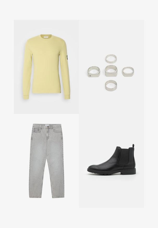 T-shirt de manga longa em amarelo claro, feito de tecido texturizado. Apresenta um decote redondo e um pequeno emblema na manga esquerda.; Calças de ganga cinza claro com um design de perna reta, estilo de cinco bolsos e fecho com botão. Costura visível ao longo das costuras.; Botim Chelsea em couro preto com painéis laterais elásticos e uma alça, apresentando um bico arredondado e sola de borracha texturizada.; Conjunto de seis anéis metálicos prateados em várias formas, incluindo redondos e quadrados, apresentando texturas suaves e um design minimalista.