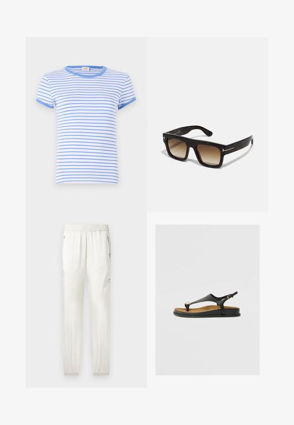 Lühikeste varrukatega T-särk valgel taustal kitsaste siniste triipudega. Ribaga sinine krae ja varrukaotsad; pehme puuvillane kangas ja tavaline lõige.; Heledad kreemilised spordipüksid, millel on elastne vöökoht, kitsenevad mansetid, küljetaskud ja tõmblukkudega detailid. Sile, kergelt läikiv kangas.; Must must sandaal musta küllaga, ümmarguse kuldse aktsendiga, reguleeritava tagaosa rihmaga ning lame, pehmendatud tallaga, millel on beež sisetald.; Kilpkonnakuuega prillid, millel on ruudukujuline raam, degradee pruuni objektiivi ja peened kuldsed aksessuaarid templitel.; Pruuni suede kott kahe pehme käepideme, vertikaalse rihma ja hõbedase aktsendiga ning laia avatud ülaosaga. Sile tekstuur, minimalistlik disain.