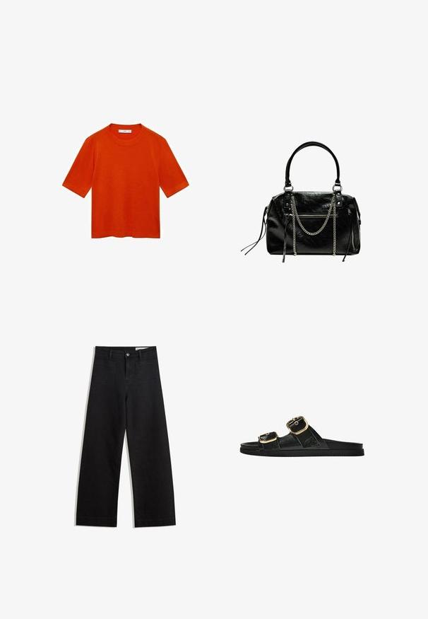 Krátky rukáv oranžové tričko vyrobené z mäkkého materiálu, s klasickým okrúhlym výstrihom a voľným strihom s rovnomerným lemom a bez viditeľných vzorov.; Čierne denimové nohavice s širokými nohavicami a vysokým pásom, so prednými a zadnými vreckami, šitými švami a zapínaním na gombík. Hladká textúra.; Čierne šľapky s dvoma zlatými prackami, hladký textúrovaný materiál, plochá podrážka a minimalistický dizajn.; Bershka WITH CHAIN - Kabelka - black