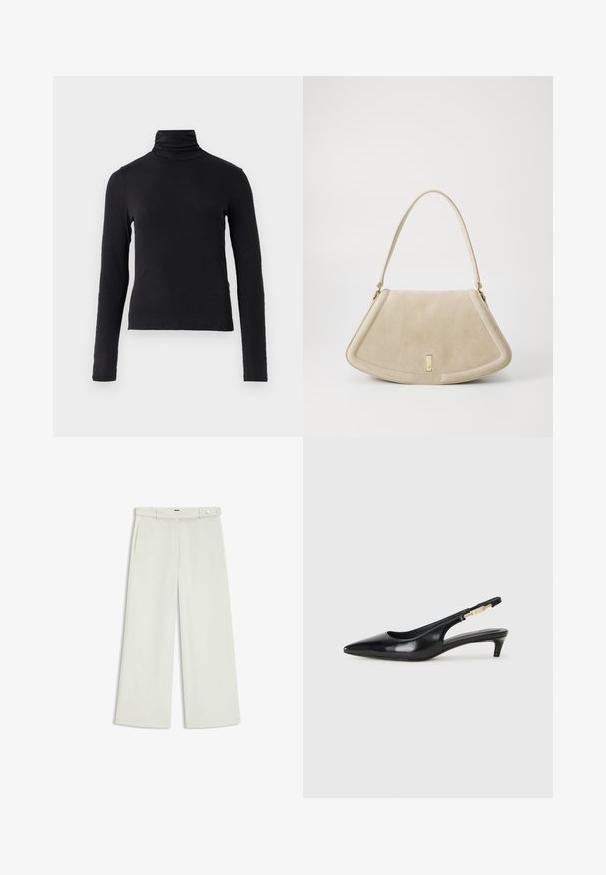 Black long-sleeve turtleneck top made from a soft, stretchy fabric. Features a high neck and fitted silhouette with no embellishments.; Wide-leg pants in light cream fabric, featuring side pockets, a flat front, and a single button closure at the waist. Smooth texture.; Black leather slingback heels with a pointed toe, featuring a slim heel and a gold-tone accent on the adjustable strap. Smooth texture.; Beige suede handbag with a rounded triangular shape, a single strap, and a gold-tone hardware accent on the front.