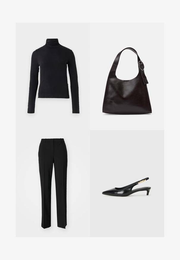 Čierny dlhý rukáv rolák vyrobený z mäkkého, elastického materiálu. Má vysoký golier a priliehavý strih bez ozdôb.; Čierne krajčírské nohavice so strihom rovného nohu, s hladkou textúrou a ostrými skladmi pozdĺž prednej časti. Žiadne viditeľné hardvér.; Čierne kožené slingback opätky s špicatou špičkou, s úzkym opätkom a zlatým detailom na nastaviteľnom remienku. Hladká textúra.; Hnedá kožená taška cez rameno s hladkým povrchom, zaobleným tvarom, širokým popruhom a kruhovým kovovým akcentom na rúčke.