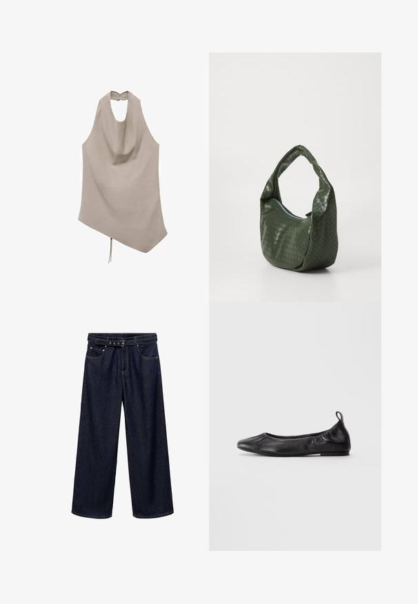 Asymmetrical beige top made of smooth fabric, features a halter neck, draped front, and back button closure with a tie detail at the hem.; Dark blue wide-leg jeans made of denim. Features a belted waistband with multiple buttons, front pockets, and a clean finish at the hems.; Black leather ballet flat with rounded toe, gathered elastic sides, and a pull tab at the heel, displayed on a light background.; Green woven leather bag with a curved handle and zip closure. Features a textured, patterned surface and a soft, slouchy shape.; Red beaded hoop earrings with a textured surface and a gold-tone post fastening. Circular shape with open center and rounded bead detailing.